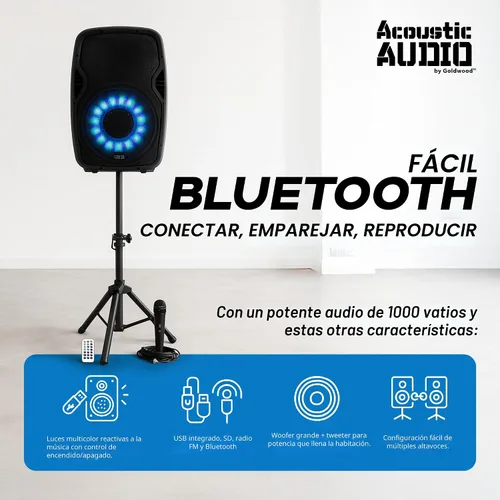 Vista 5 de Acoustic Audio by Goldwood 1000W Altavoz Bluetooth con LED intermitente, gran sistema de sonido PA enchufable con soporte, micrófono y control
