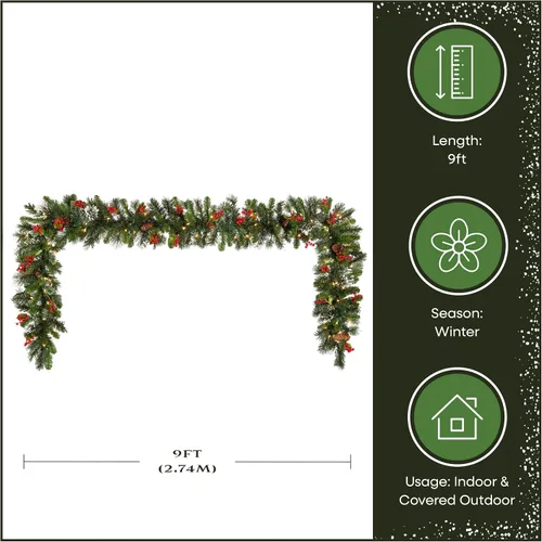 Vista 4 de National Tree Company Guirnalda de Navidad artificial preiluminada, verde, pino invernal, luces blancas, decorada con conos de pino, racimos