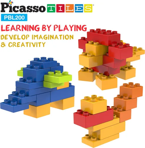 Vista 2 de PicassoTiles Juego de 200 piezas de bloques de construcción de ladrillos de construcción grandes, juego de ladrillos STEM, juego de aprendizaje