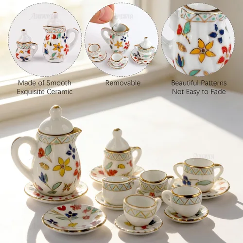 Vista 3 de AUEAR, Juego de 15 piezas de té de porcelana en miniatura 1:12 Miniatur Plato Taza Plato Accesorios Clásicos de Cocina (Patrón de Hoja Dorada)
