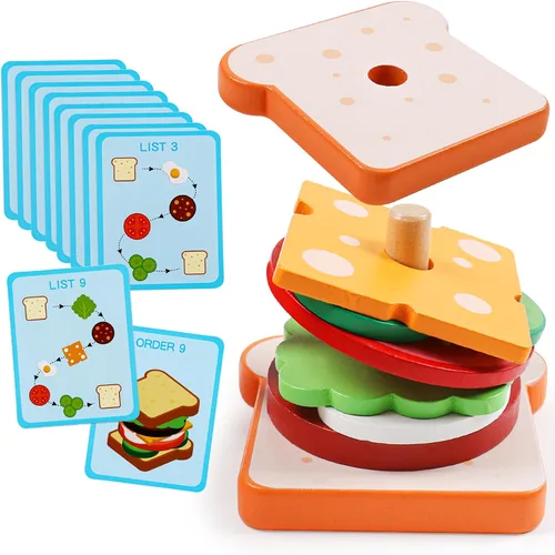 Vista 7 de Kizh Juguete apilable de madera para clasificar hamburguesas para niños pequeños, juguetes educativos Montessori de motricidad fina para niños