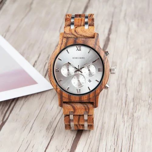 Vista 9 de BOBO BIRD Relojes de madera para hombre, correa de metal de madera de lujo, cronógrafo y visualización de fecha, reloj de cuarzo versátil