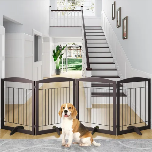 Vista 3 de Yaheetech Puerta extra ancha independiente para perros, valla plegable para cachorros con pies de apoyo adecuada para puertas, escaleras, 98 Espresso
