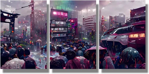 Vista 44 de Lienzo decorativo para pared, diseño de ciudad futurista Cyberpunk para sala de estar, impresión multipanel, obra de arte de cocina, pintura