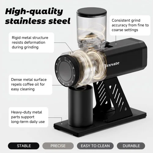 Vista 4 de 64mm Stainless Steel Flat Burr Coffee Grinder, 100 Settings, Anti-Static Black