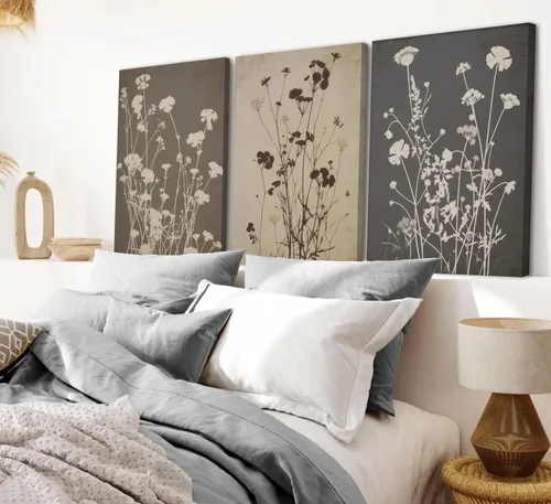 Vista 2 de 3 piezas de arte de pared de flores en tonos oscuros en lona vintage póster impreso pintura de flores silvestres oscuras en granja imagen botánica