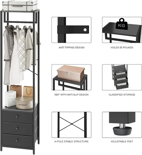 Vista 8 de YMYNY Percheros con cajones, organizador de armario alto independiente con 3 cajones de tela, soporte de ropa para colgar camisas, abrigo, 15.35