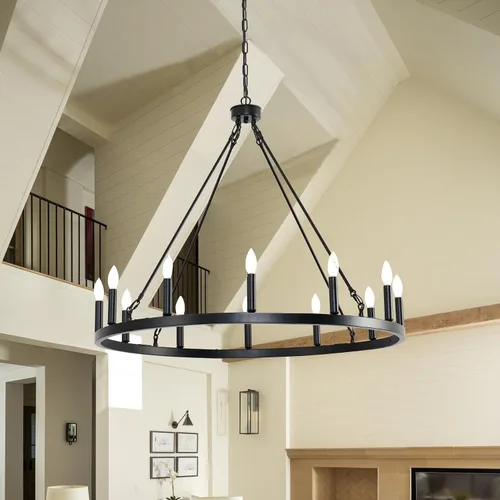 Vista 9 de Candelabro de iluminación de rueda de carro, 6 luces con pantalla de vidrio semillado, lámpara redonda de madera para cocina, isla de vestíbulo