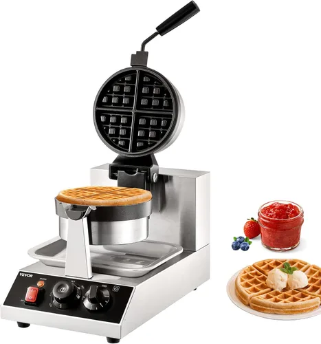 Vista 12 de VEVOR Gofrera Comercial, Máquina de Waffles Redonda de 1230W, Plancha de Waffles Belga Antiadherente de Acero Inoxidable con Control de Temperatura