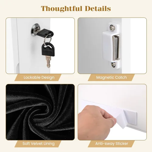 Vista 8 de CHARMAID Armario de joyería montado en la pared con espejo de longitud completa de 47 pulgadas, armario de joyería con cerradura con 6 luces LED