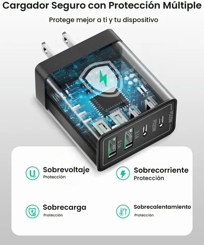 Vista 4 de Bloque de cargador USB C, cargador de pared USB C de 40 W, PD+QC 3.0, adaptador de corriente de doble puerto, 4 puertos multipuerto de carga rápida