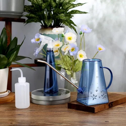 Vista 2 de Goowin - Regadera para plantas de interior, boquilla larga, regadera pequeña de 47 oz para interior con botella de espray adicional de 16 oz y Azul