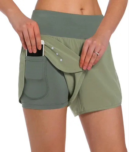Vista 13 de Ksmien - Pantalones cortos de correr 2 en 1 para mujer, ligeros, para entrenamiento, gimnasio, yoga, forro con bolsillos para teléfono