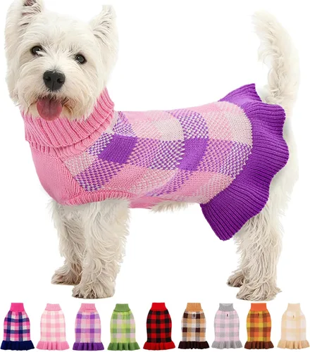 Vista 11 de Vestido de suéter para perro, ropa de Navidad a cuadros para perros Beige