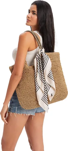 Vista 2 de Rejolly Bolso de mano de paja para mujer, para playa, verano, vacaciones, estilo bohemio, de ratán, bolso grande de hombro tejido