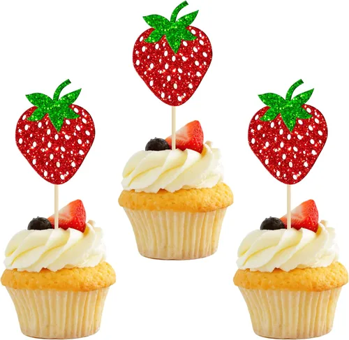 Vista 8 de Paquete de 24 adornos para cupcakes de fresa con purpurina para cumpleaños, fresa, cupcakes, frutas, baby shower, niños, cumpleaños, verano, bayas