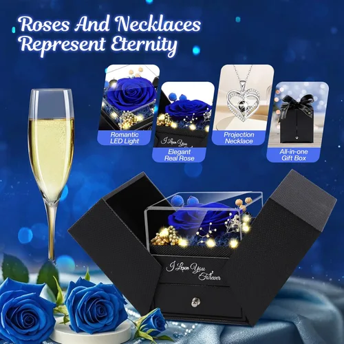 Vista 2 de Collar de rosas reales preservadas azules en caja con texto "I Love You" en 100 idiomas - Regalo único para mujeres, mamá, esposa, novia en el día