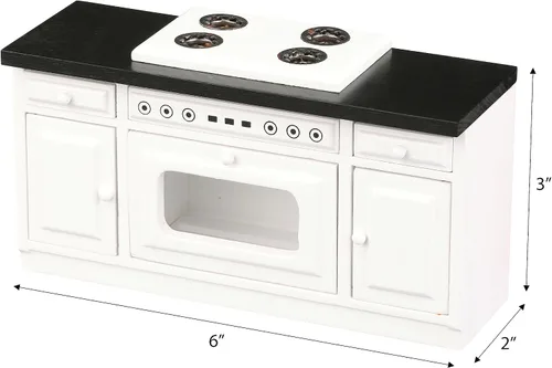 Vista 4 de Estufa de cocina de casa de muñecas de madera, mini horno blanco con quemadores y rango, muebles de gabinete a escala 1:12 para muñecas de 6