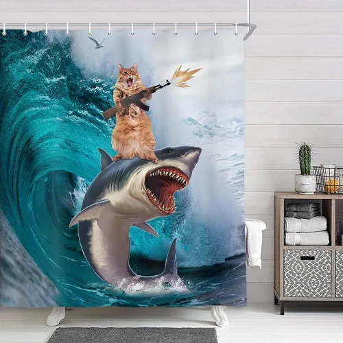 Vista 4 de NYMB Divertida cortina de ducha de gato para baño de niños, genial gato montando ballena, tiburón en olas del océano, cortinas de ducha de tela