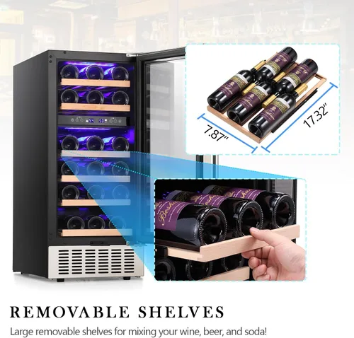 Vista 2 de COWSAR Refrigerador de vino de 28 botellas, refrigerador comercial de bebidas de doble zona, temperatura independiente, LED, enfriador de vino