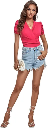 Vista 6 de LYANER Body de manga corta con cuello en V para mujer, fruncido y plisado