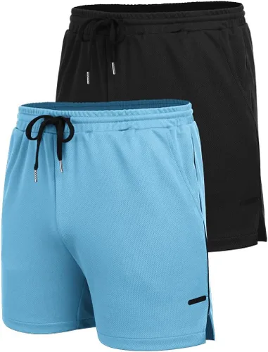 Vista 4 de COOFANDY Paquete de 2 pantalones cortos de entrenamiento de gimnasio para hombre, pantalones de malla ligeros para culturismo, entrenamiento