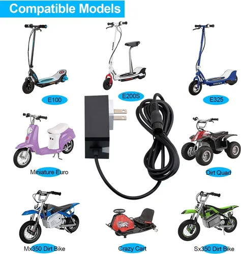 Vista 3 de Cargador de 24 V para scooter Razor Trikke E2 Ground Force Drifter Kart Crazy Cart Cargador E300 E200 E100 E125 E150 PR200 MX350 Dirt Quad Pocket Mod