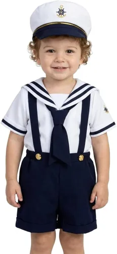 Vista 5 de Conjunto de traje de marinero náutico con sombrero, para niños pequeños Azul marino
