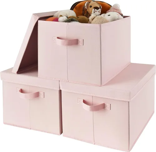Vista 18 de GRANNY SAYS Cajas de tela con tapas, contenedores de almacenamiento con asas, contenedores de estante para organizar, cajas de almacenamiento extra
