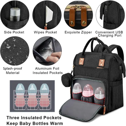 Vista 2 de Mochila de pañales para bebé con cambiadores Cama impermeable de viaje 3 en 1 Cuna plegable unisex, Negro -, Classic