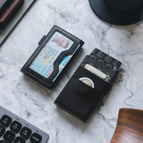 Vista 6 de VULKIT Billetera minimalista con ventana de identificación y bolsillo EDC con bolsillo desplegable para tarjetas de crédito y bloqueo RFID, diseño