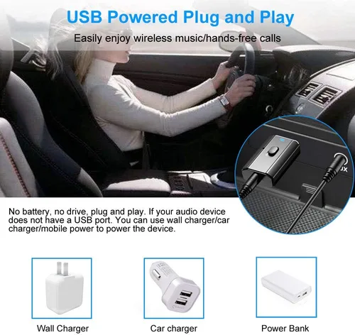 Vista 4 de Bluetooth Car Adapter, Mini Bluetooth 5.0 Stereo Transmitter Receiver, Wireless 3.5mm Aux Jack Hands-Free Calls Kit Audio Adapter Built-in Mic for