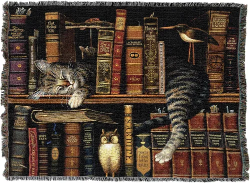Vista 2 de Pure Country Weavers Manta Frederick The Literate Cat de Charles Wysocki - Regalo para Amantes de los Gatos - Manta de Tapiz Tejida de Algodón