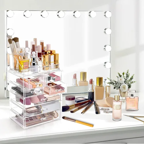 Vista 3 de Organizador de maquillaje transparente con soporte para pinceles, gran exhibición de cosméticos de acrílico y organizador de maquillaje