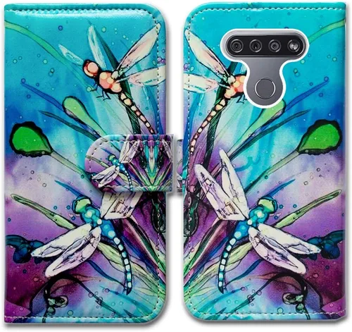 Vista 10 de Bcov Funda para LG K51/LG Reflect (LM-K500), diseño de libélula colorida funda de piel con tapa y ranura para tarjeta soporte para LG K51/LG Q51