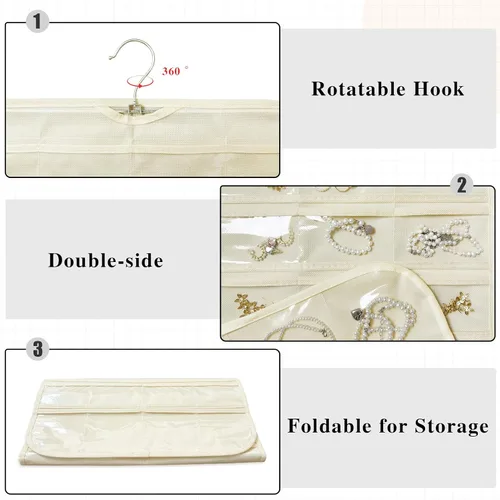 Vista 5 de Organizador colgante de joyas con 80 bolsillos de almacenamiento de doble cara, 1 paquete, color beige