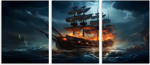 Vista 2 de TutuBeer 3 Piezas Arte de Pared Batalla Naval Barco Imagen Barco Pirata Velero Póster Barco Pirata Azul en Llamas Imagen Impresa en Lienzo Póster