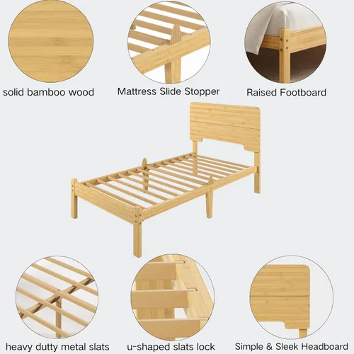 Vista 5 de Marco de cama individual XL de madera maciza de bambú de 14 Natural