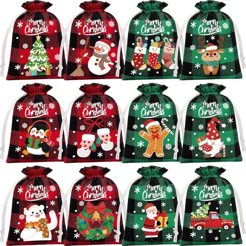 Vista 10 de FLOE 72 piezas Bolsas de regalo de Navidad de arpillera con cordón, bolsas de lino de Navidad con cordón para golosinas, bolsas de regalo de Navidad