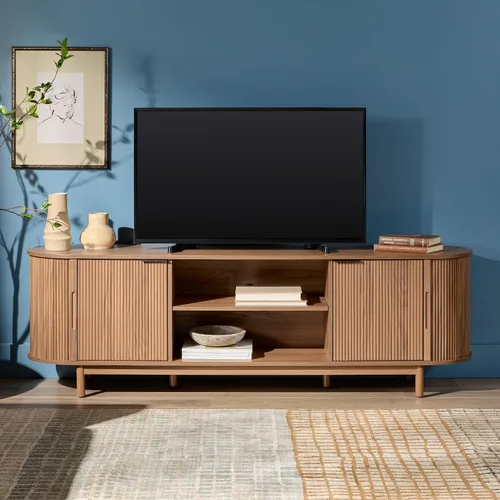 Vista 8 de Walker Edison Chloe - Soporte de TV curvo con junco, puertas correderas, 75 pulgadas, 70 pulgadas, roble costero