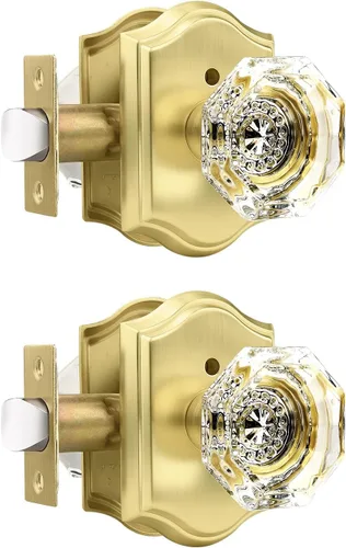 Vista 38 de Gobrico Juego de pomos de puerta de vidrio transparente para interiores, cerradura de puerta de cristal de diamante de privacidad en latón antiguo