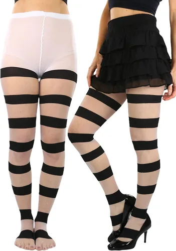 Vista 18 de ToBeInStyle Medias de contraste de rayas horizontales anchas para mujer, medias opacas Negro y rosa muñeca