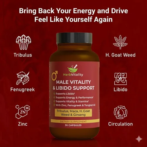 Vista 9 de HerbVitality - Fórmula para libido y vitalidad para hombre, soporte natural de fuerza con tribulus, maca, fenogreco, ginseng y tongkat Ali, 30
