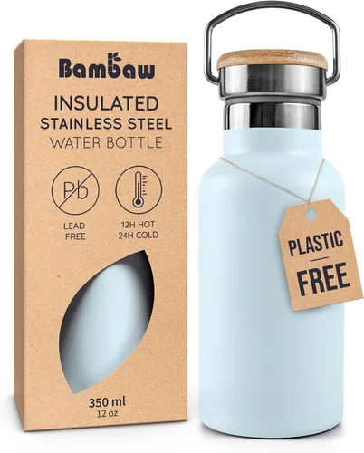 Vista 15 de Bambaw Botella de agua de acero inoxidable de 12 onzas, azul Egeo, 350 ml, de doble pared aislada, a prueba de fugas, apta para lavavajillas, sin