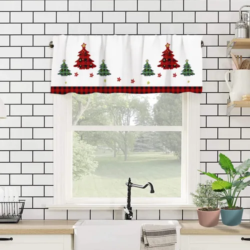 Vista 4 de Cortinas de cenefa de Navidad para ventanas, diseño de árbol de Navidad, color blanco y rojo, elegantes cenefas de cocina para ventanas con 11