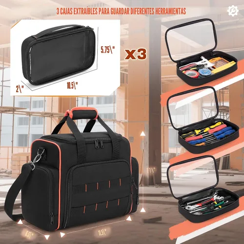 Vista 3 de Bolsa de herramientas Marscamd con 3 estuches extraíbles, bolsa de herramientas de 2 capas para herramientas manuales, negra con ribete rojo