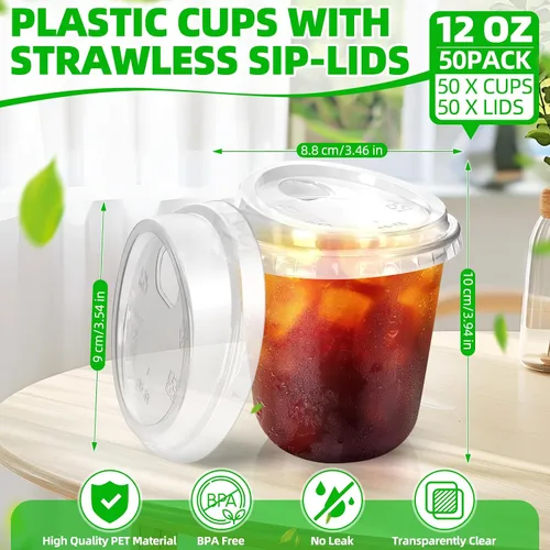 Vista 2 de 50 piezas de vasos de plástico para café con tapas con asa, vasos desechables de plástico PET transparente con tapas sin pajita para café helado