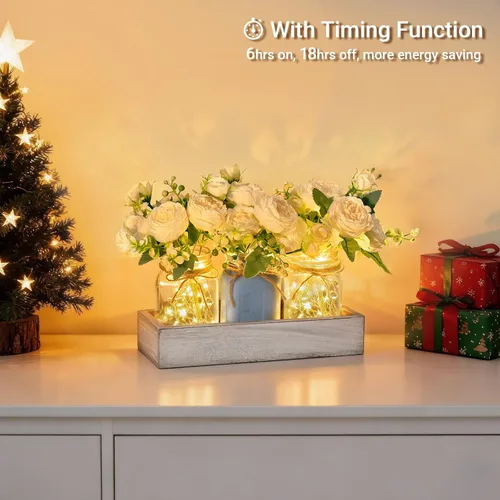 Vista 2 de Mkono Luces de Frasco Mason Centro de Mesa Decoración de Mesa para Comedor Bandeja de Madera Estilo Granja con 3 Frascos Flores Piezas Centrales