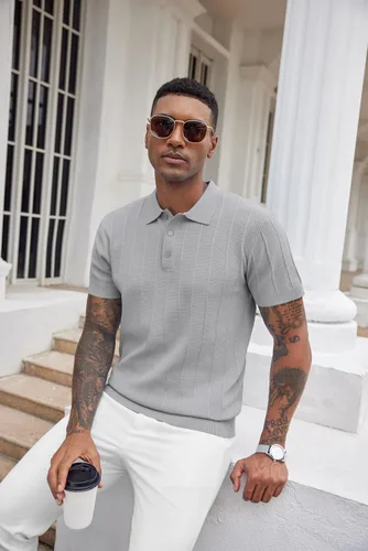 Vista 24 de COOFANDY Camisas polo de punto para hombre de manga corta con textura acanalada Camisas de golf casuales y ligeras con cuello Camiseta de polo