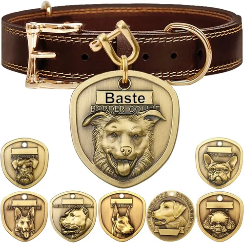 Vista 19 de Collar de cuero auténtico para perro + Juego de etiqueta para perro bulldog con relieve 3D (XS-S)